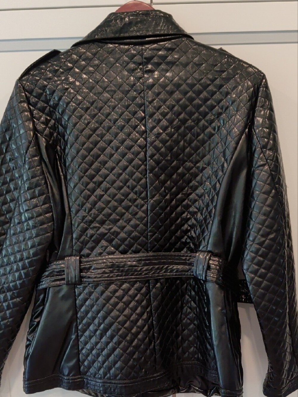 Quilted Black Women's Belted Moto Jacket - Picture 4 of 7